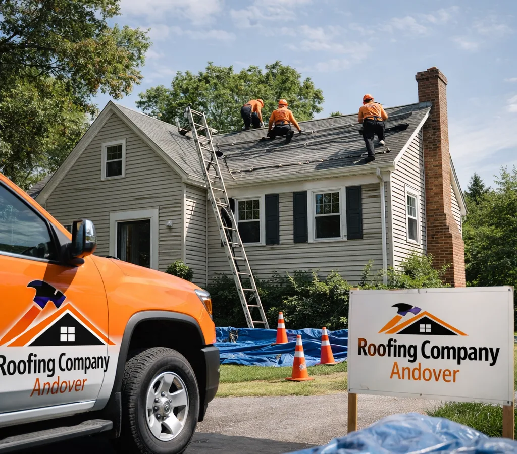 Residential home in Andover, Massachusetts with a roofing crew working safely on the roof, with cones and protective tarps at a tidy jobsite