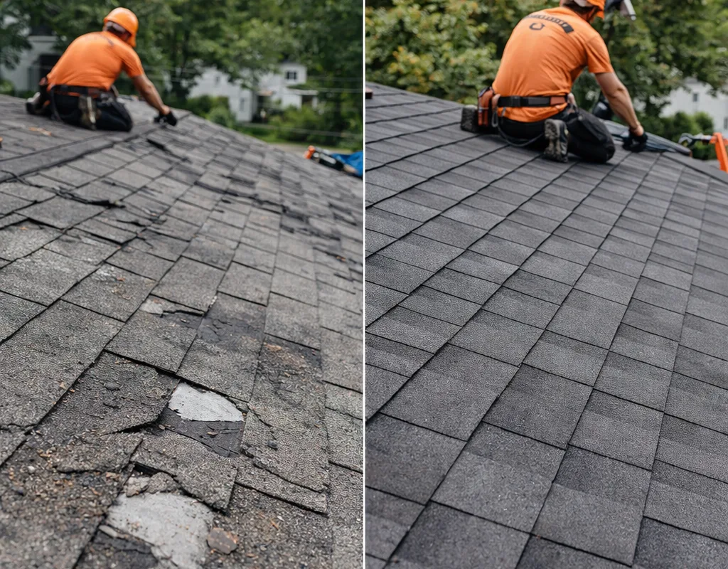 Before and after asphalt shingle roof replacement showing worn shingles and clean architectural shingles