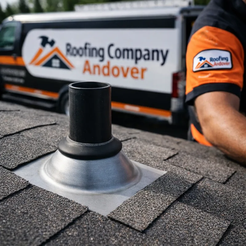 Close-up of properly installed pipe boot flashing with neat shingle cuts and correct overlap