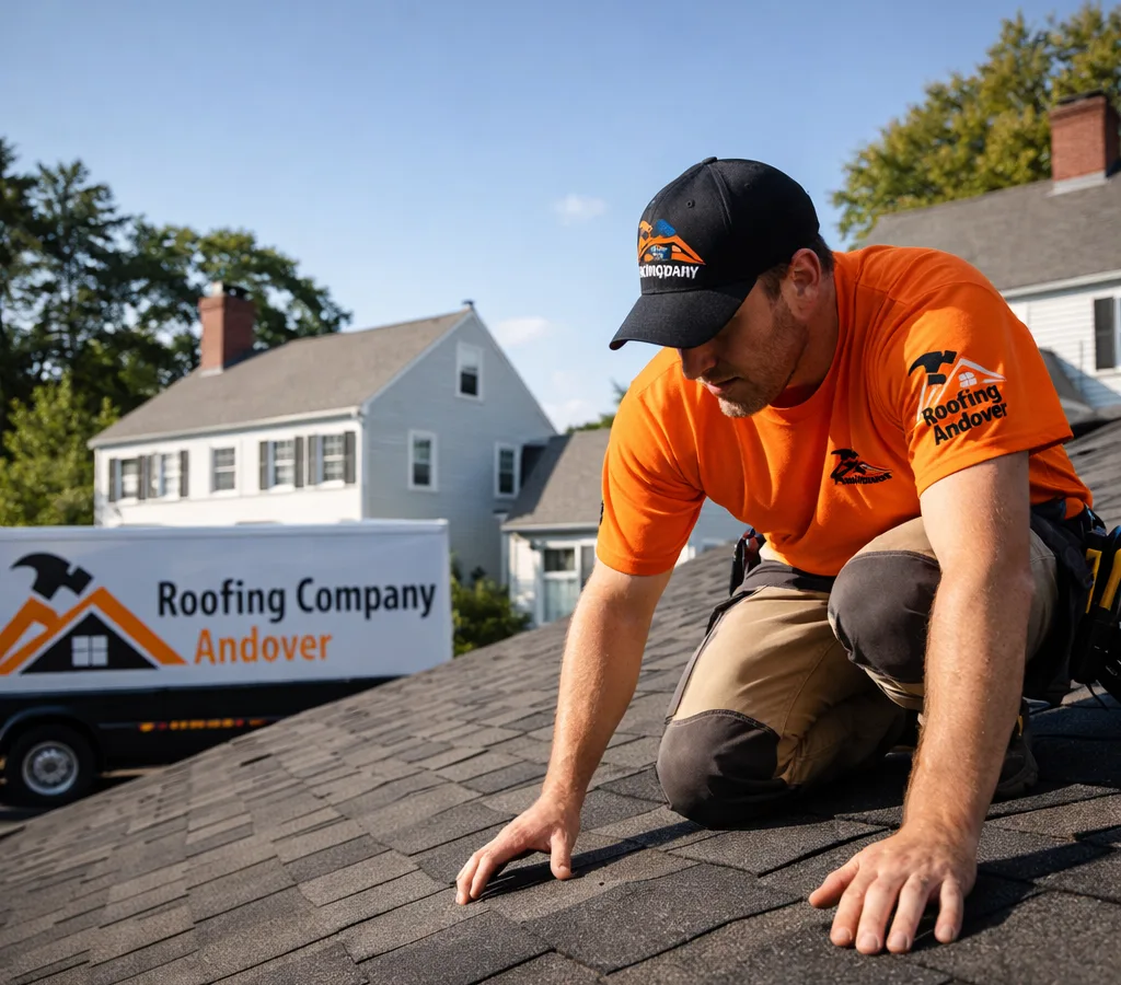 Roofer performing an on-roof inspection on an asphalt shingle roof with New England architecture in the background