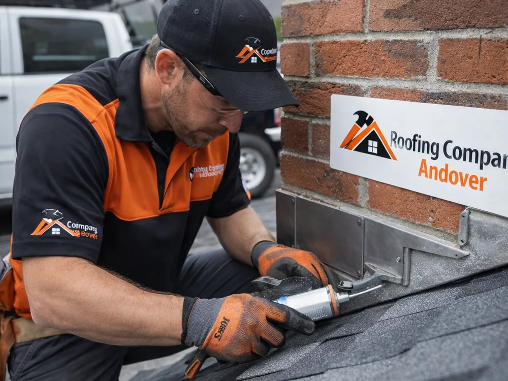 Close-up of clean step flashing and counterflashing at a roof chimney