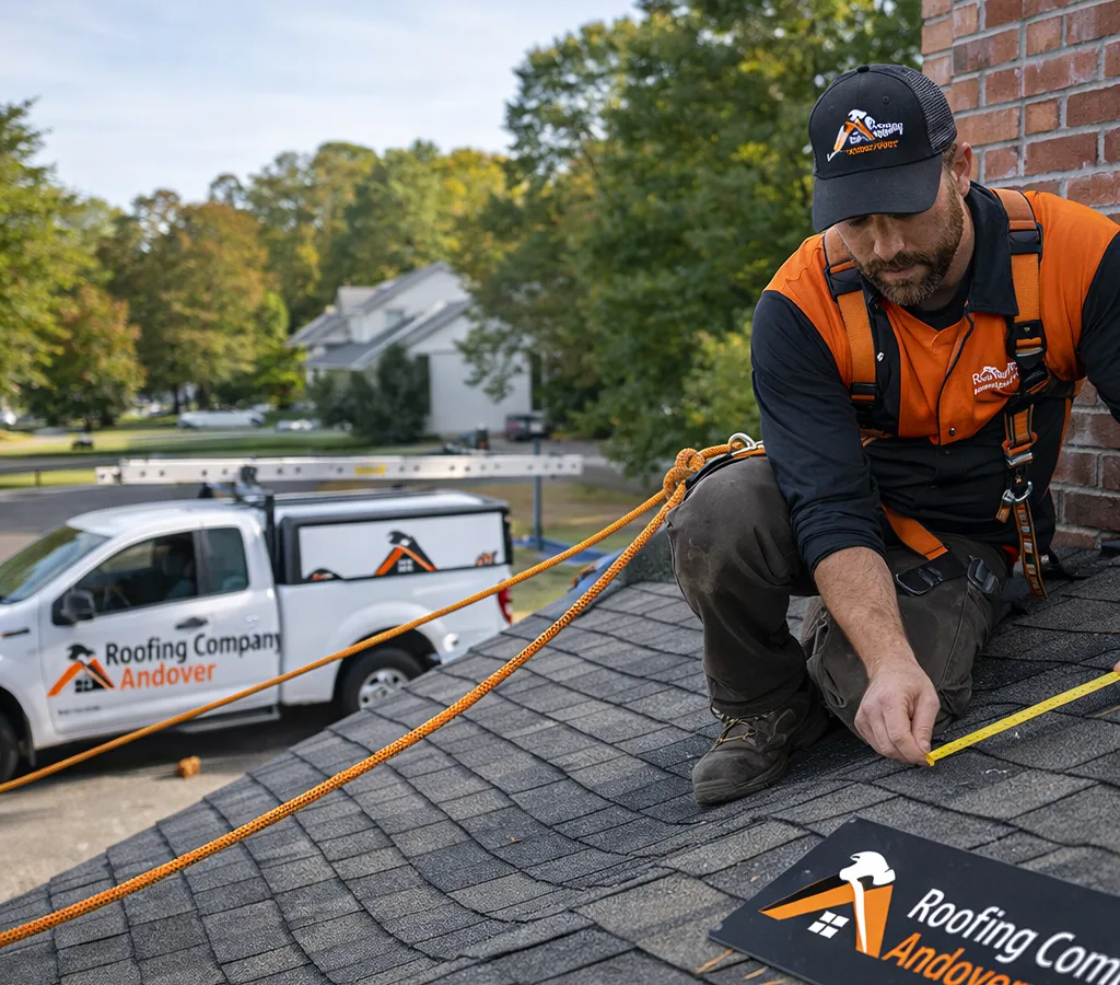 Residential roofer using fall protection while measuring and inspecting asphalt shingles near a chimney and roof valleys in Andover, Massachusetts