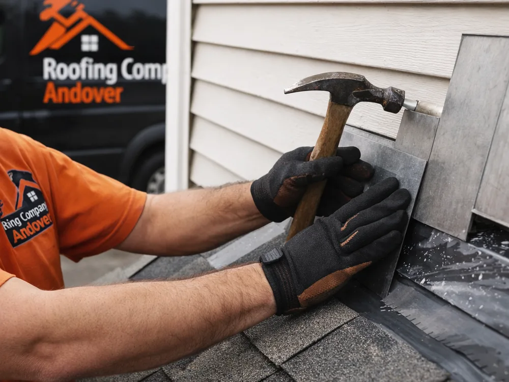 Properly installed metal step flashing at a roof-to-wall intersection with new shingles and ice and water shield visible at the edge