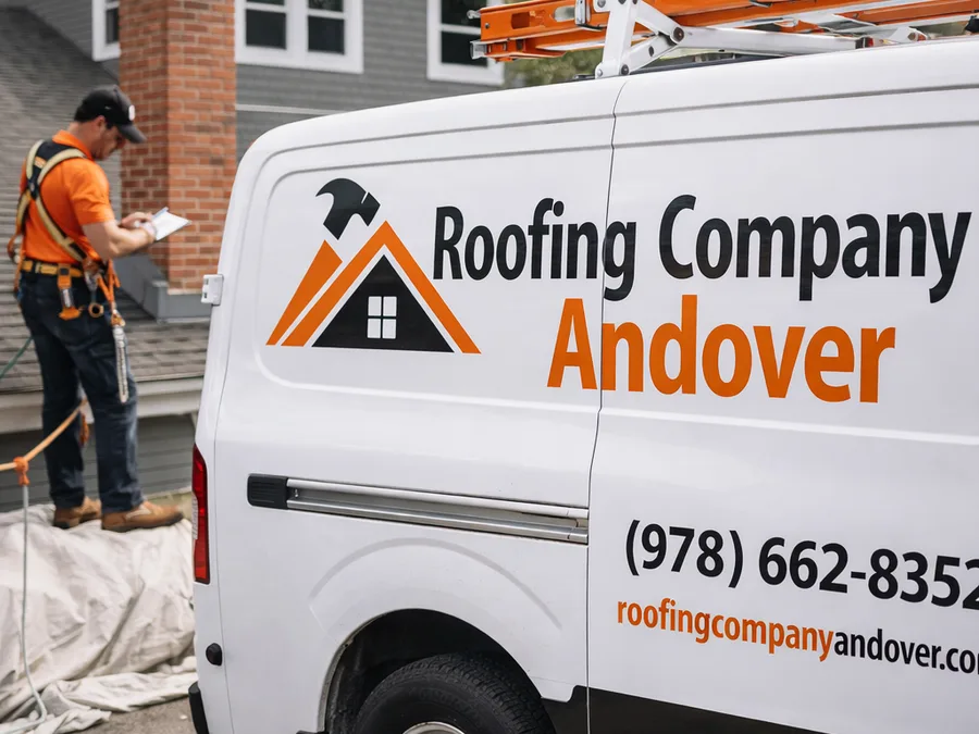 Roofer in a safety harness inspecting chimney flashing and recording notes, with clean protective tarps below